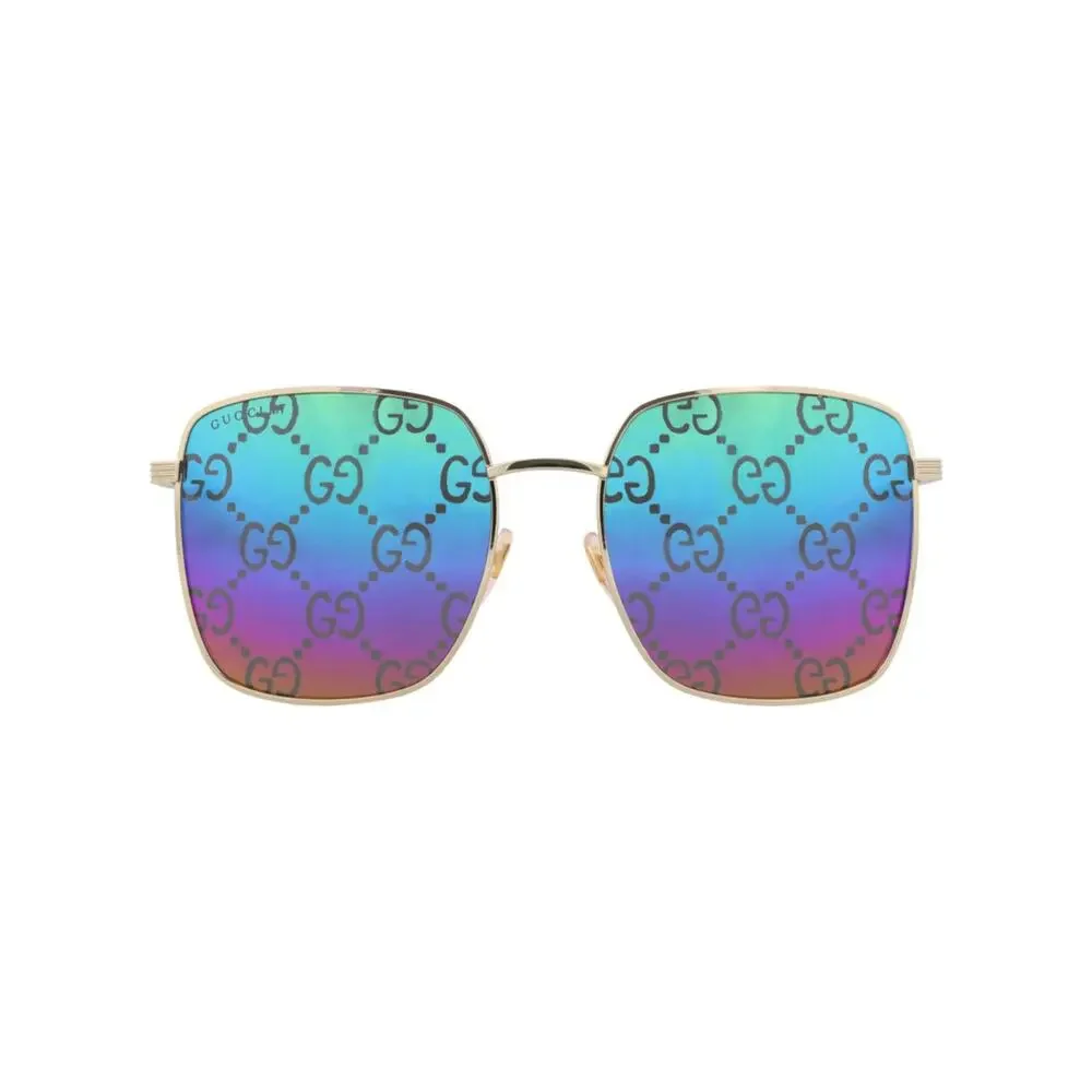 Gucci Gold Multicolor Square-Frame Metal Designer Sunglasses SRP: $575